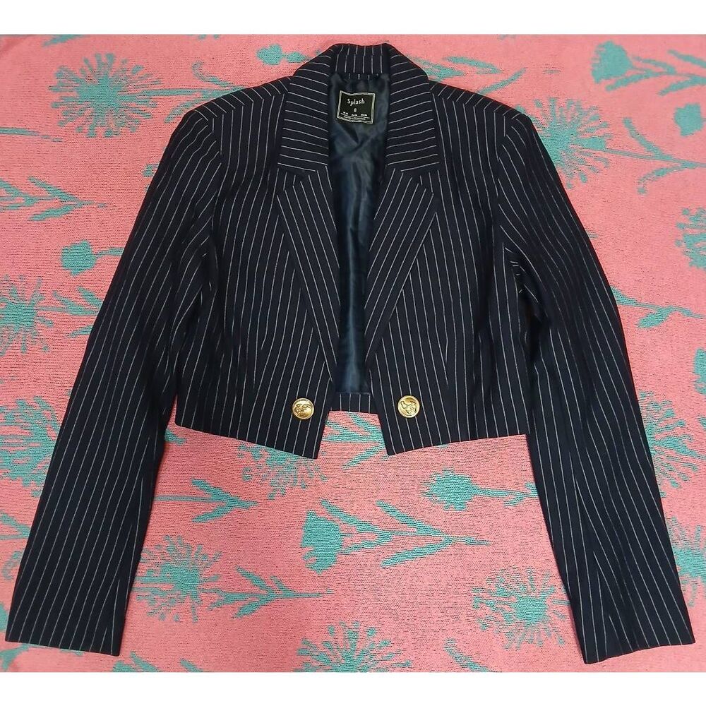 Splash womens small size 4 cropped jacket navy blue stripe viscose nylon